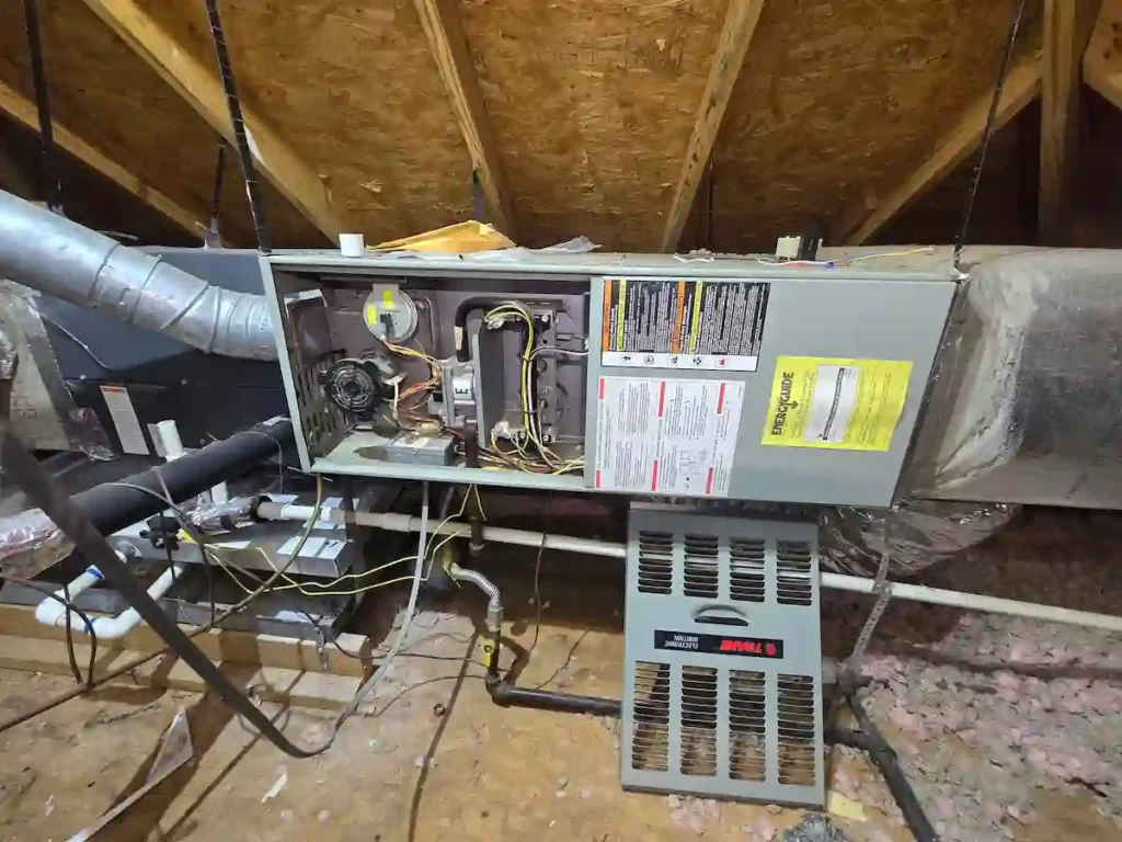 Horizontal unit securely mounted in an attic space during a furnace installation in San Antonio, Texas