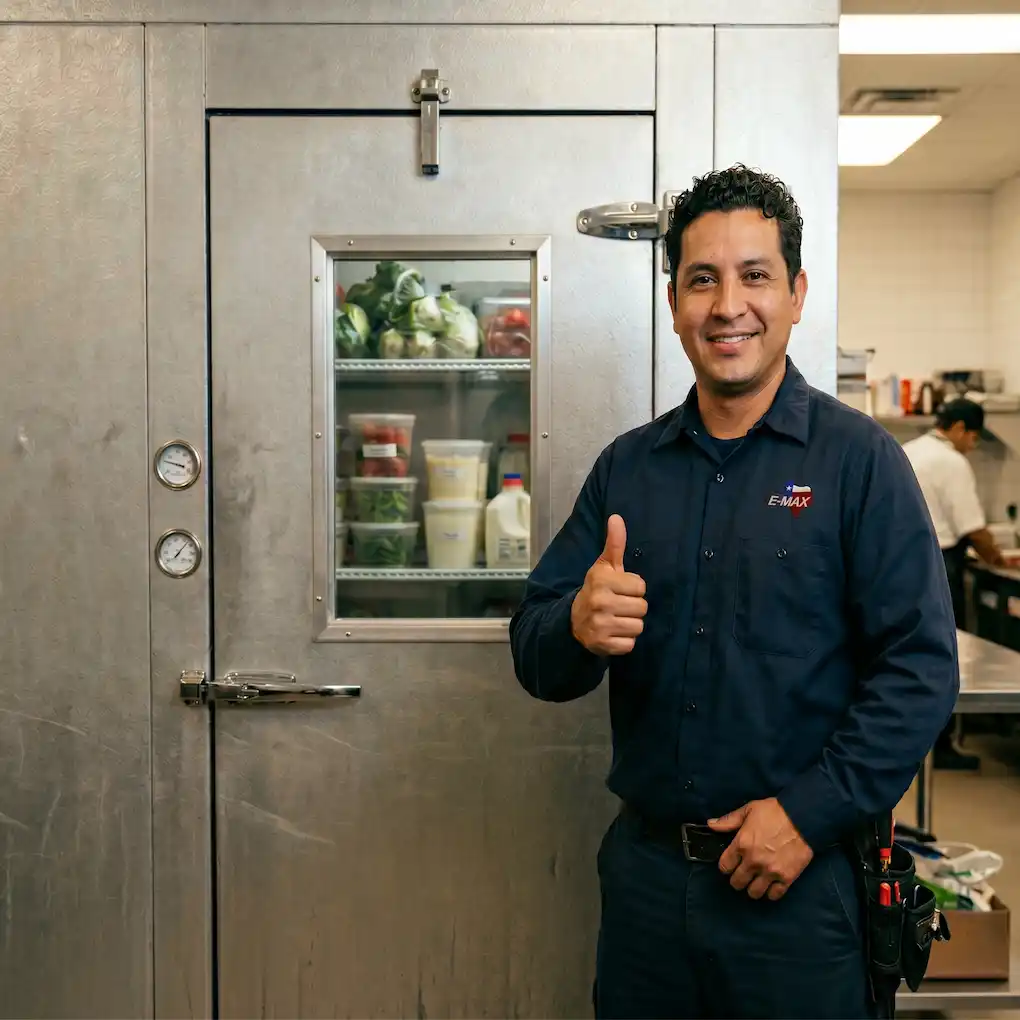 EMAX technician performing commercial refrigeration repair on a restaurant compressor system